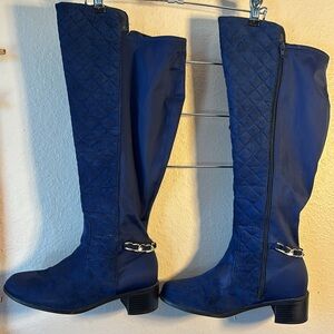 Argo-E royal blue over the knee faux suede with 2 inch black, chunky heel and fa